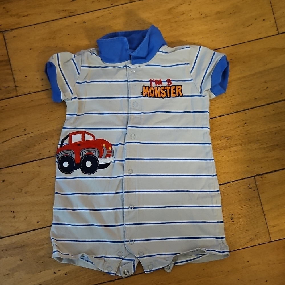 Blue and White Striped Baby Romper with Car Design